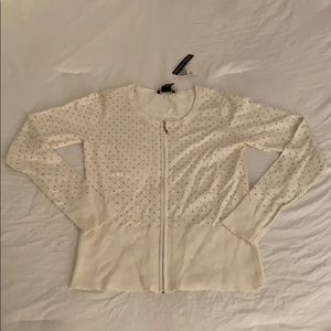 Ivory Zip-Up Cardigan With Gold Rhinestones